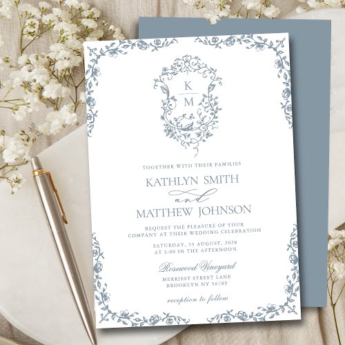 Dusty Blue Monogram Floral Vintage Crest Wedding Invitation