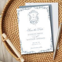 Dusty Blue Monogram Floral Vintage Crest Wedding