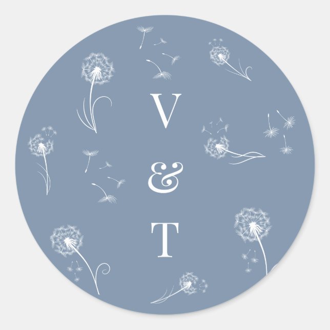 Dusty Blue Monogram Floral Wedding Classic Round Sticker (Front)