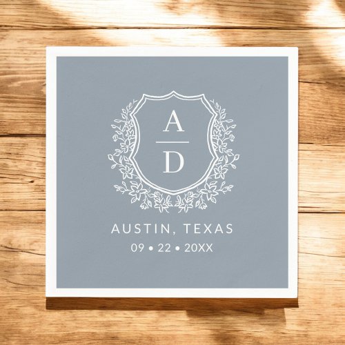 Dusty Blue Monogram Floral Wedding Crest Napkins