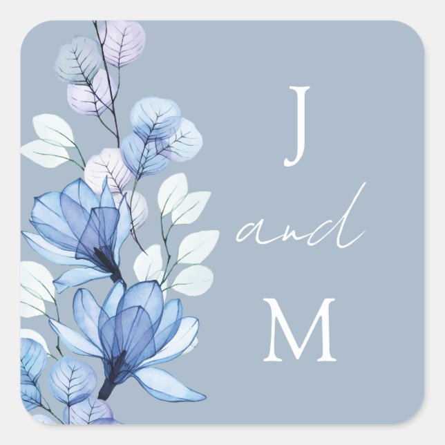 Dusty Blue Monogram Floral Wedding Favor Square Sticker (Front)