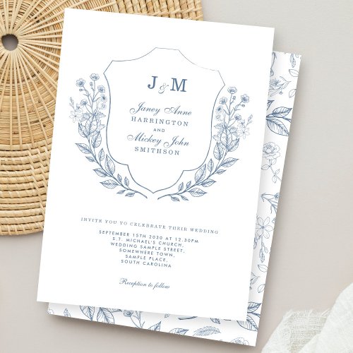 Dusty Blue Monogram Floral Wedding Invitation