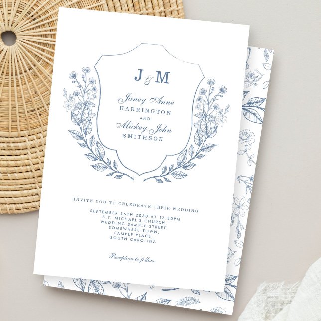 Dusty Blue Monogram Floral Wedding Invitation (Creator Uploaded)