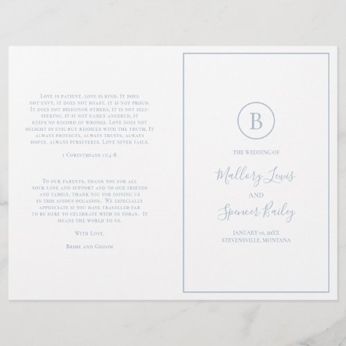 Dusty Blue Monogram Formal Folded Wedding Program