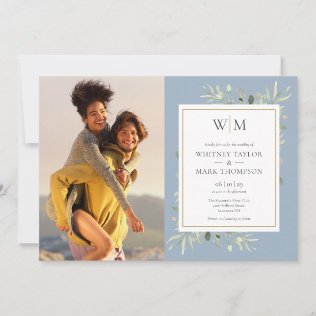 Dusty Blue Monogram Greenery Photo Wedding Invitation (Front)