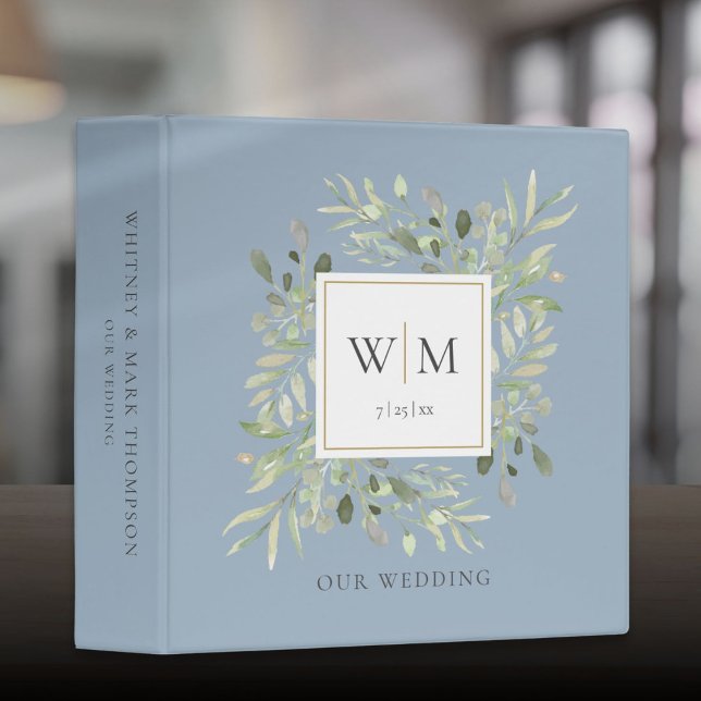 Dusty Blue Monogram Greenery Wedding Photo Album 3 Ring Binder (Dusty Blue Monogram Greenery Wedding Photo Album 3 Ring Binder)