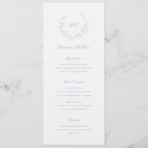 Dusty Blue Monogram Guest Name Elegant Wedding Menu