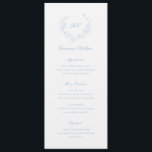 Dusty Blue Monogram Guest Name Elegant Wedding Menu<br><div class="desc">Elegant wedding menu featuring a clean and timeless design with your monogram inside of a wreath crest.  Use the template to add each guest name and skip the place cards.</div>