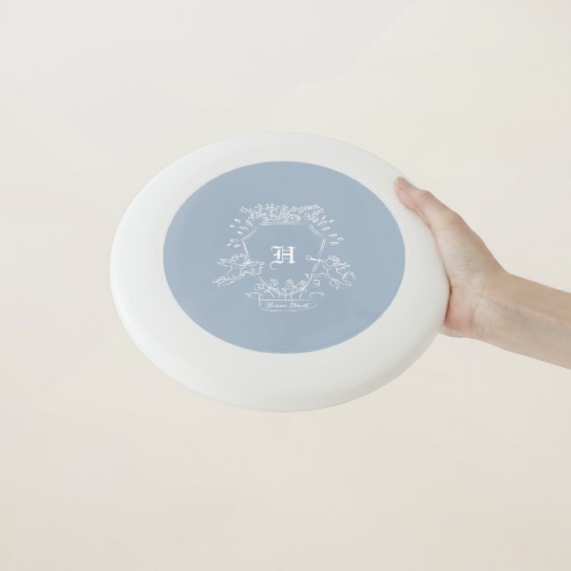 Dusty Blue Monogram Hand drawn Crest Wham-O Frisbee (In Hand)