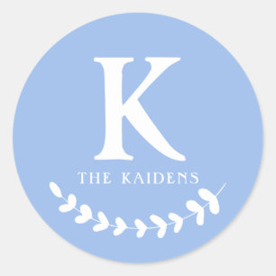 Dusty Blue Monogram Initial & Family Last Name Classic Round Sticker