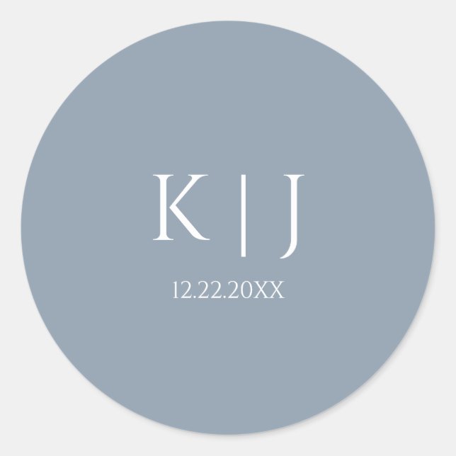 Dusty Blue Monogram Initial Minimal Trendy Wedding Classic Round Sticker (Front)