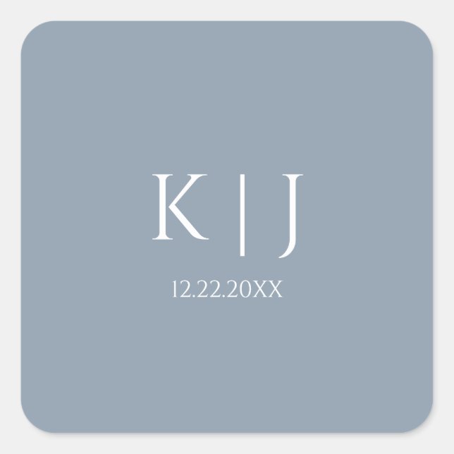 Dusty Blue Monogram Initial Minimal Trendy Wedding Square Sticker (Front)