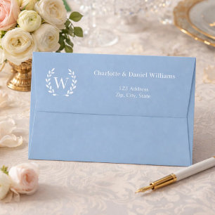 Dusty blue monogram initial wreath return address envelope