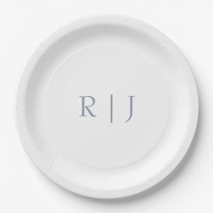 Dusty Blue Monogram Initials Minimal Wedding Paper Plates