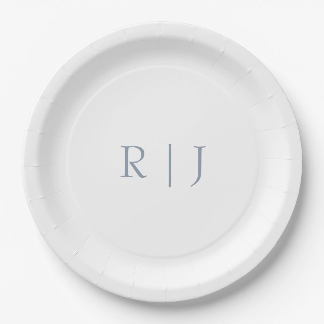 Dusty Blue Monogram Initials Minimal Wedding Paper Plates (Front)