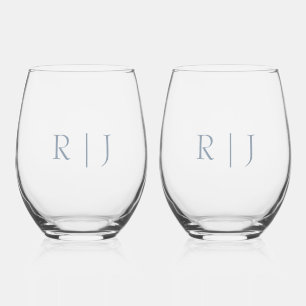 Dusty Blue Monogram Initials Minimal Wedding Stemless Wine Glass