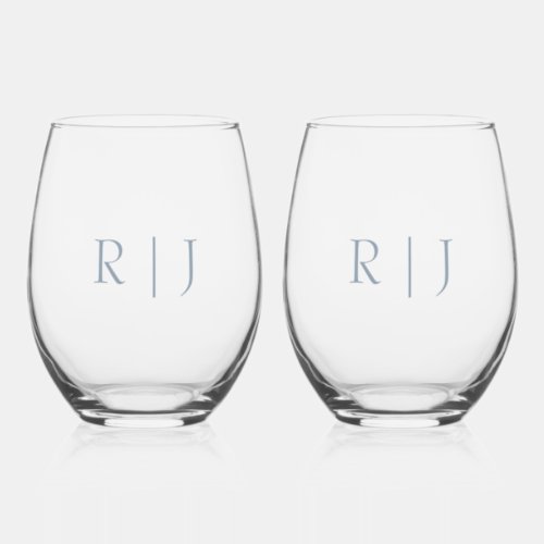 Dusty Blue Monogram Initials Minimal Wedding Stemless Wine Glass