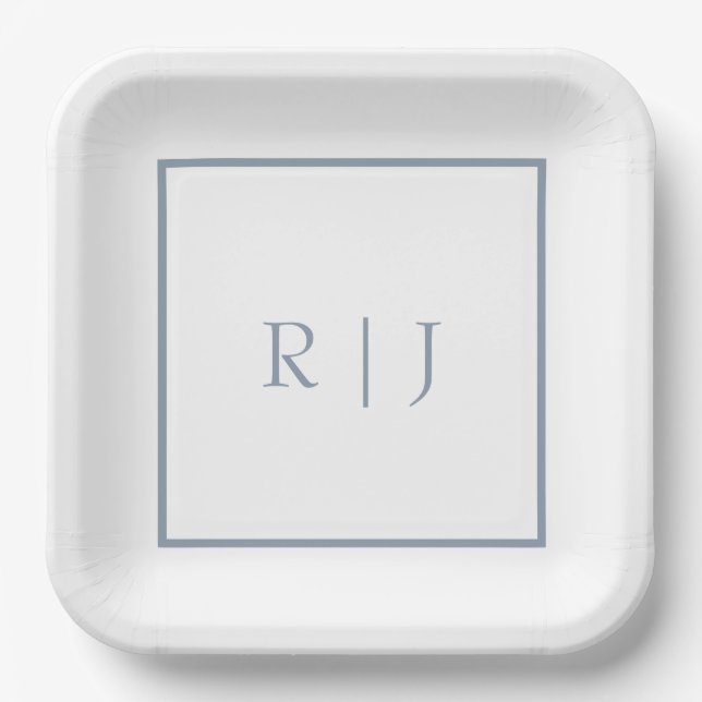 Dusty Blue Monogram Initials Simple Wedding Paper Plates (Front)