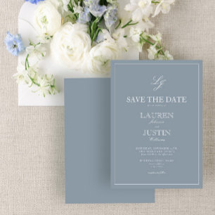 Dusty Blue Monogram Modern Script Save the Date Invitation