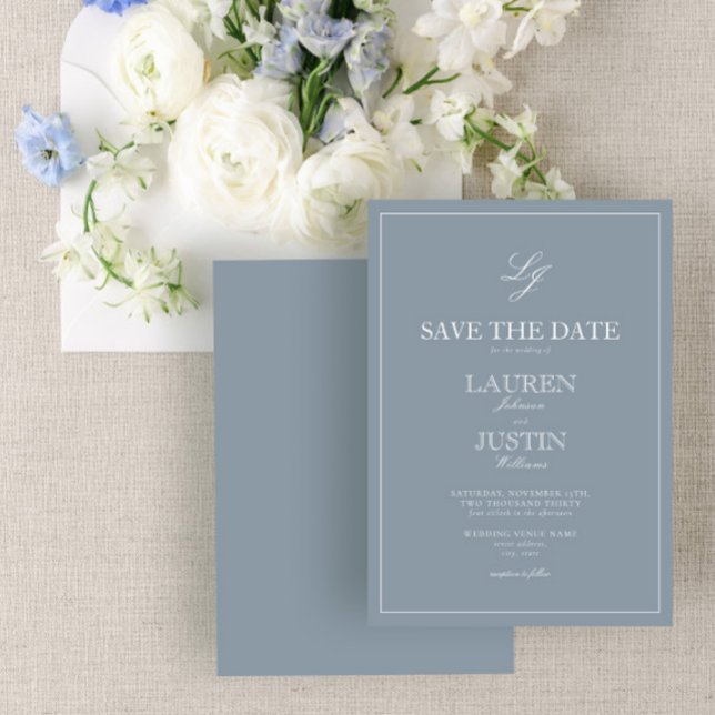 Dusty Blue Monogram Modern Script Save the Date Invitation (Creator Uploaded)