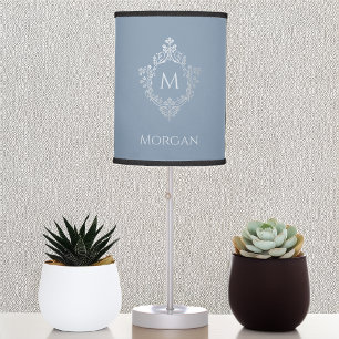 Dusty Blue Monogram Name Elegant Vintage Crest Table Lamp