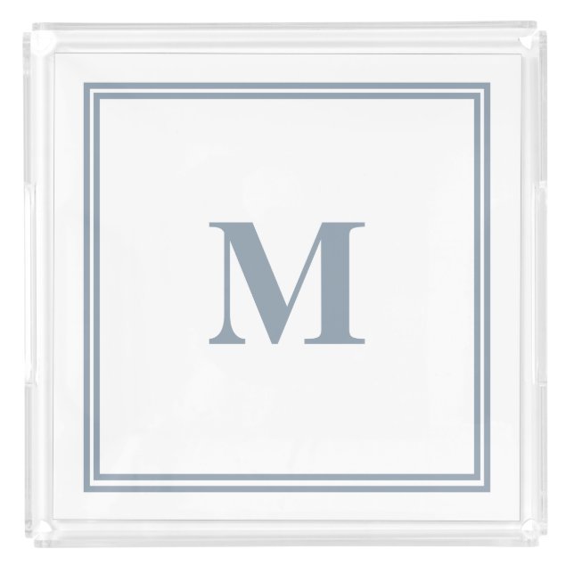 Dusty Blue Monogram Name Wedding Bridal Party Gift Acrylic Tray (Front)
