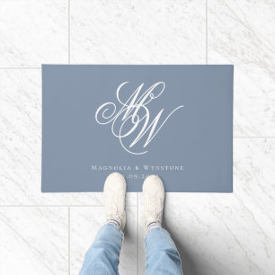 Dusty Blue Monogram Newlyweds Doormat
