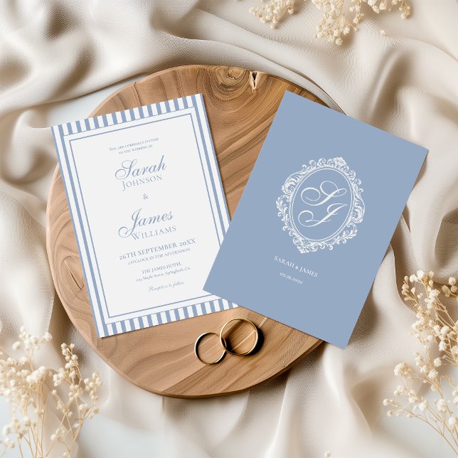 Dusty Blue Monogram Old Money Wedding Invitation (Creator Uploaded)