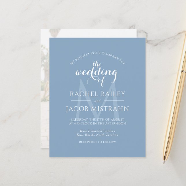 Dusty Blue Monogram Photo Wedding Invitation (Front/Back In Situ)