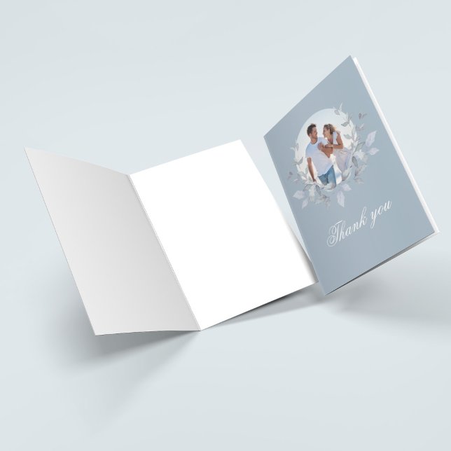 Dusty Blue Monogram Photo Wedding Thank You (Dusty blue folded wedding thank you card with photo wreath and elegant script lettering)