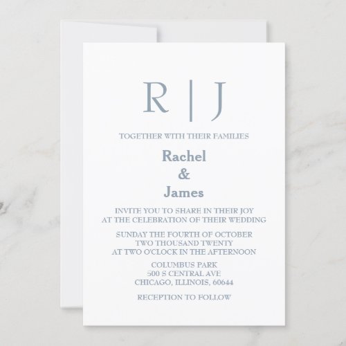 Dusty Blue Monogram QR Code Classy Minimal Wedding Invitation