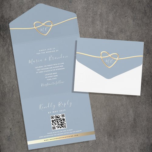 Dusty Blue Monogram QR Code Wedding All In One Invitation