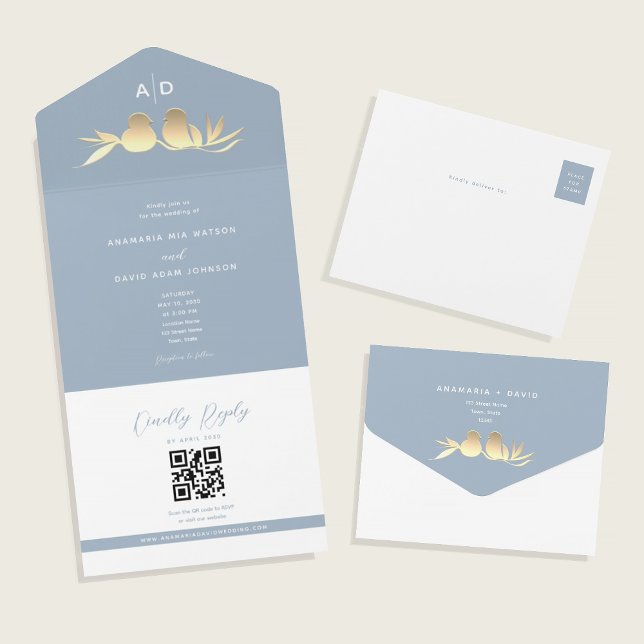 Dusty Blue Monogram QR Wedding All In One Invitation (Creator Uploaded)