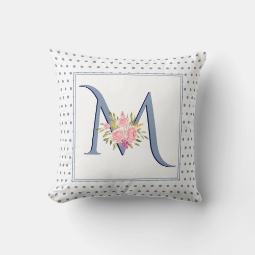 Dusty blue monogram roses and polka dots throw pillow