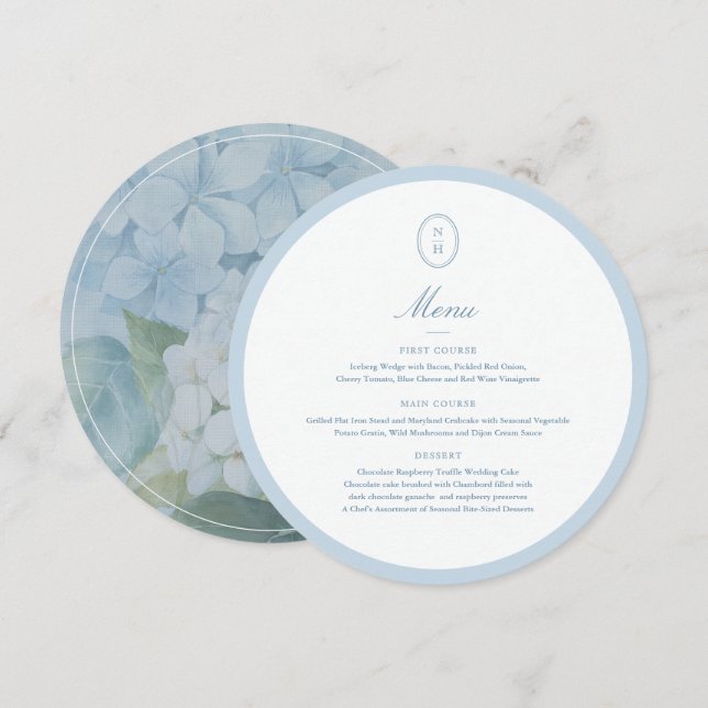 Dusty Blue Monogram Round Wedding Menu Card (Front/Back)