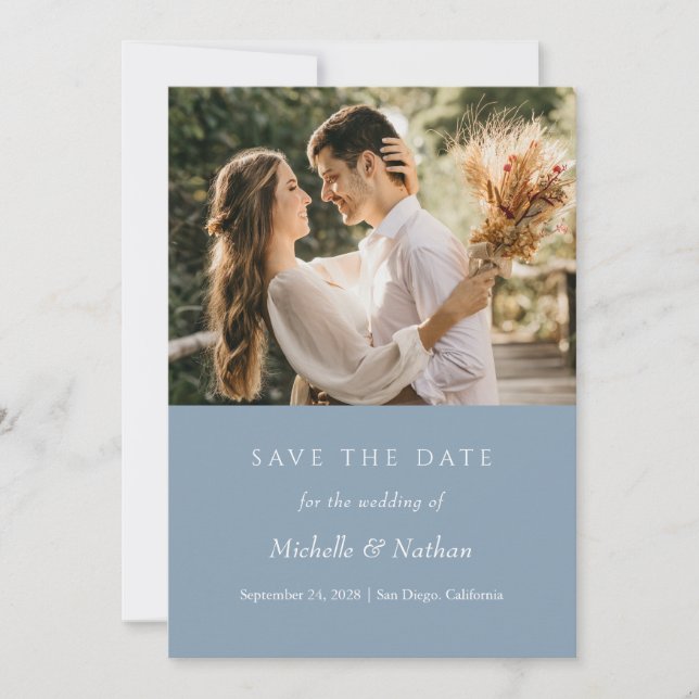 Dusty Blue Monogram Save the Date Photo Invitation (Front)
