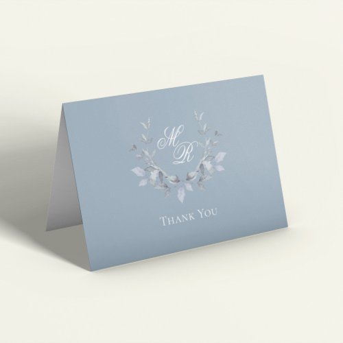 Dusty Blue Monogram Script Wedding Thank You Card
