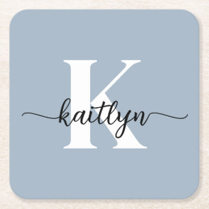 Dusty Blue Monogram Square Paper Coaster