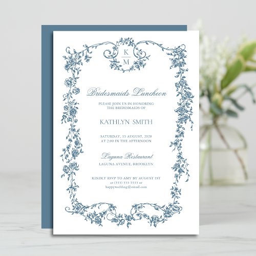 Dusty Blue Monogram Vintage Bridesmaids Luncheon Invitation
