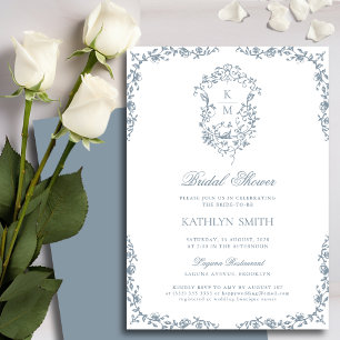 Dusty Blue Monogram Vintage Crest Bridal Shower Invitation