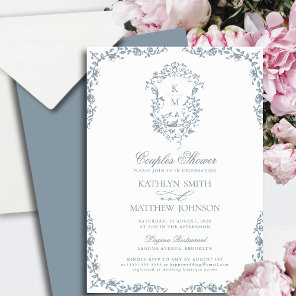 Dusty Blue Monogram Vintage Crest Couples Shower Invitation