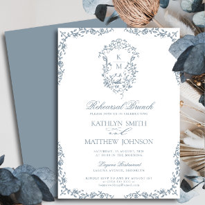 Dusty Blue Monogram Vintage Crest Rehearsal Brunch Invitation