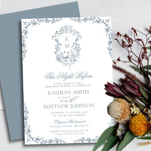 Dusty Blue Monogram Vintage Crest The Night Before Invitation