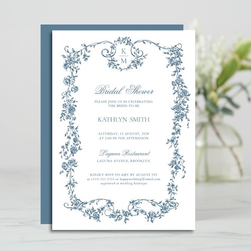 Dusty Blue Monogram Vintage Elegant Bridal Shower Invitation