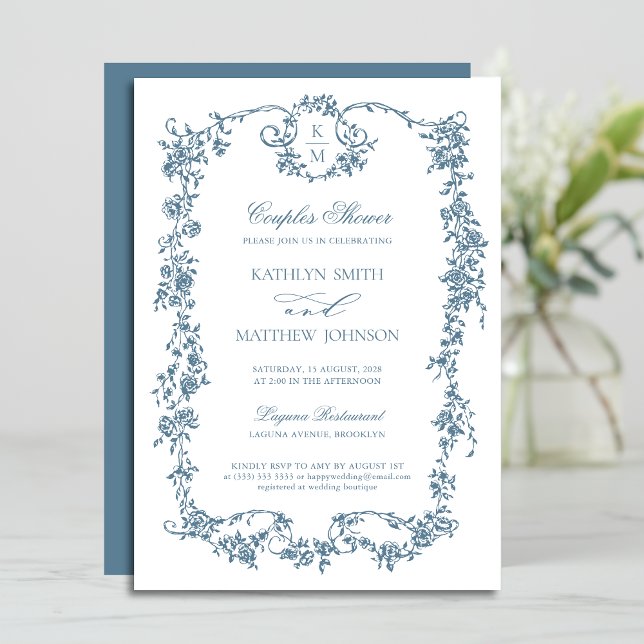 Dusty Blue Monogram Vintage Elegant Couples Shower Invitation (Creator Uploaded)