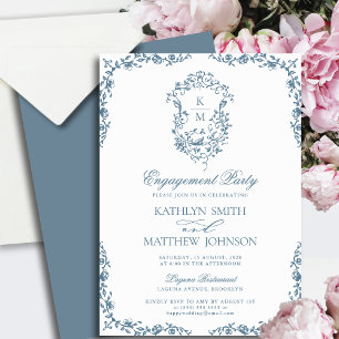 Dusty Blue Monogram Vintage Engagement Party Invitation
