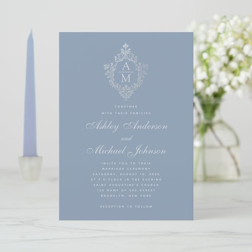 Dusty Blue Monogram Vintage Floral Crest Wedding Invitation