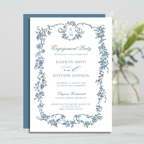 Dusty Blue Monogram Vintage Frame Engagement Party Invitation