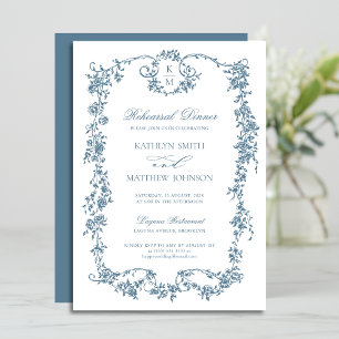 Dusty Blue Monogram Vintage Frame Rehearsal Dinner Invitation