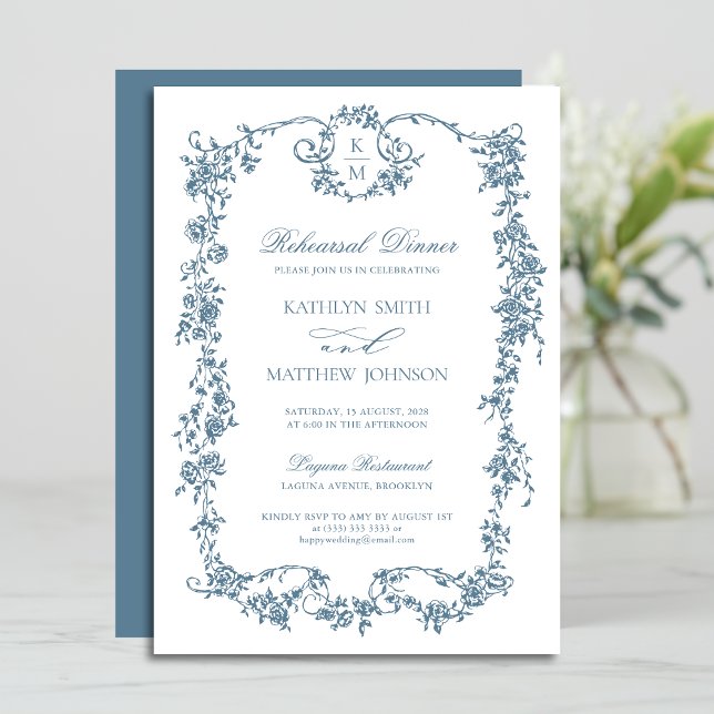Dusty Blue Monogram Vintage Frame Rehearsal Dinner Invitation (Creator Uploaded)